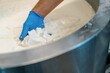 milk mixing at cheese factory cheese maker checks cheese by hand in large tank Pasteurization Cheese production at cheese factory