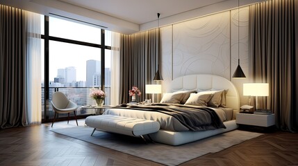 General view of luxury bedroom interior with bed and window