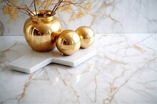  A Marble Counter Top With Three Gold Vases On Top Of A Marble Slab With Flowers In It And A Marble Board With A Marble Slab Underneath It.  Generative Ai