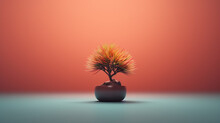 A Small Potted Plant With A Red Background And The Word Bonsai On It.