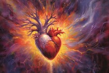  A Painting Of A Human Heart Surrounded By Fire And Flames, With A Blue Sky In The Background And A Red And Yellow Heart In The Middle.  Generative Ai