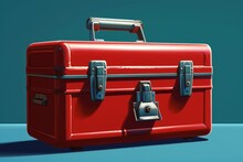 Red Toolbox On Blue Background, Digital Illustration. Generative AI