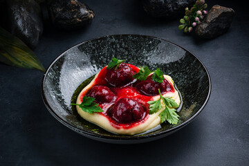 Canvas Print - Dinner pork meatballs with mashed potatoes and cranberry sauce.