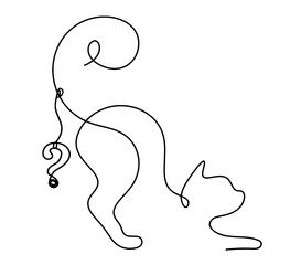 Wall Mural - Silhouette of abstract cat with question mark in line drawing on white