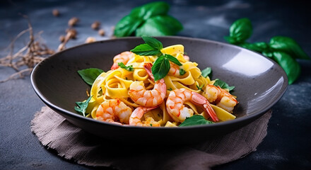 Wall Mural - Traditional Italian tagliatelle ai gamberoni pasta with king prawns and herbs served as close-up on a design plate with copy space