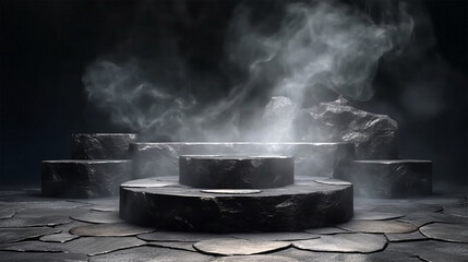 Wall Mural - Dark stone podium for display product presentation with smoke. 3d pedestal design illustration. Generative Ai.