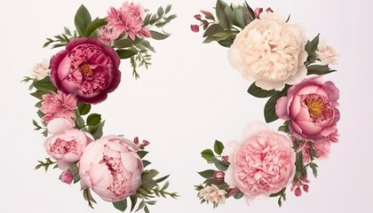 Wall Mural - Wreath made of flowers. Floral round frame, wreath made of peonies flower buds and green leaves, botanical design, flat lay, top view, free space for text. 