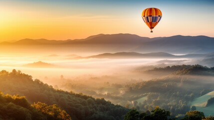 Colorful hot air balloons flying over mountain. Generative AI