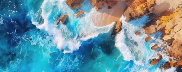a birds-eye view of the beach a horizontal aerial coastline, and a sea with aqua water waves with rocks, Abtract-themed, drone aerial, photorealistic illustrations in JPG. generative ai