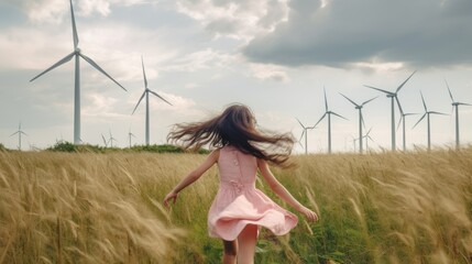 Wall Mural - Adorable girl standing in wind turbine field. Green alternative energy, Generative AI