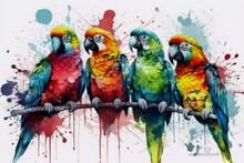 Three Brilliantly Colored Parrots Perched On A Branch In A Tropical Setting. Generative AI