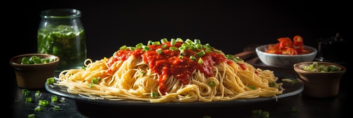 Wall Mural - Delicious and tasty spaghetti with tomatoes and green onion on black background with copy space. AI generative image.