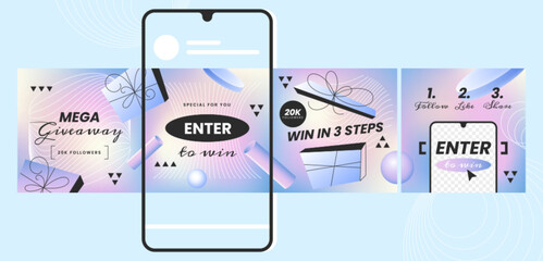 Fototapete - Instagram post carousel templates banner. Internet application on the screen of smartphone device. Design background for social media. Vector purple mockup template with text and places for photo.