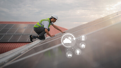 Wall Mural - service engineer checking solar cell on the roof for maintenance if there is a damaged part. enginee