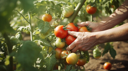 Wall Mural - Close up of farmer hands harvesting tomato