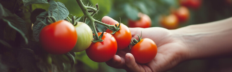 Wall Mural - Close up of farmer hands harvesting tomato