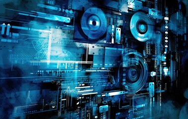 Poster - Abstract style on a blue background. display in futuristic cyberpunk style.