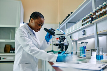 Wall Mural - African American female scientist using microscope while working in lab.