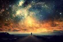 A Person Is Standing On A Road With The Stars In The Sky.