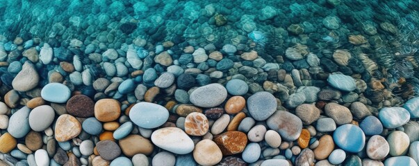 Wall Mural - a top view of multi-colored river stones partially covered in aqua-colored water, in a  horizontal format, product backdrop, Abtract-themed,  photorealistic illustrations in JPG. Generative AI