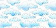 Seamless cute puffy blue clouds hand drawn watercolor and crayon children's drawing background. Playful nursery wallpaper happy summer sky repeat pattern. Imagination and creativity concept backdrop.