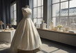 Tailoring workshop with wedding dresses. Sewing studio interior. Generative AI.