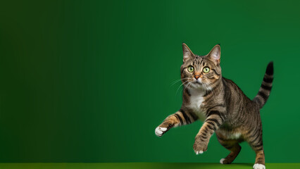 Wall Mural - Genetta cat post on green background with copyspace (Generative AI)