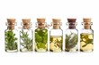 Herb oil bottles of homeopathy herbs. Generative AI. Isolated on white background