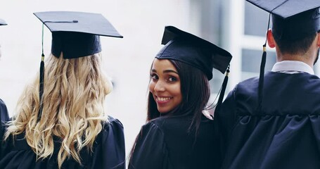 Poster - Success, graduation and students with face of woman stand out for learning, scholarship and future. Diploma, knowledge and university with people in college for academy event, certificate and pride