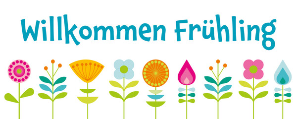 Poster - Willkommen Frühling - Schriftzug in deutscher Sprache. Grußbanner mit abstrakten Blumen in Pastellfarben.