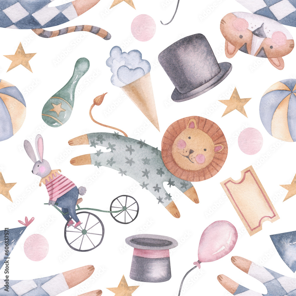 Seamless pattern with circus animals watercolor illustration. Hand ...