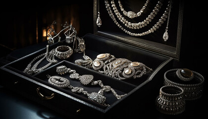 Sticker - Elegant jewelry collection in antique wooden box generated by AI