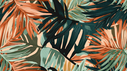 Wall Mural - Palm Green and pink leaves, green tropical pattern, leaves in the tropics forest pastel. generative ai, generative, ai