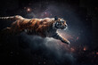 A tiger is flying through the air in space. AI generative image