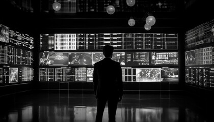 Canvas Print - Businessman standing in modern skyscraper, reflecting on data generated by AI