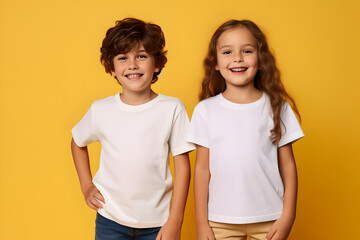 Wall Mural - Male and female child, boy and girl, siblings wearing bella canvas white shirt mockup, at yellow background. Design tshirt template, print presentation mock-up. AI generated.