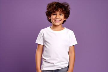 Wall Mural - Male child, boy wearing bella canvas white shirt mockup, at purple background. Design tshirt template, print presentation mock-up. AI generated.