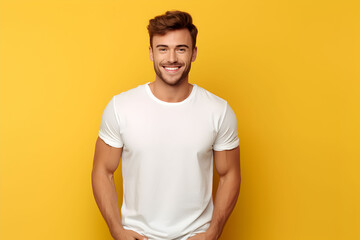 Young man wearing bella canvas white shirt mockup, at yellow background. Design tshirt template, print presentation mock-up. AI generated.