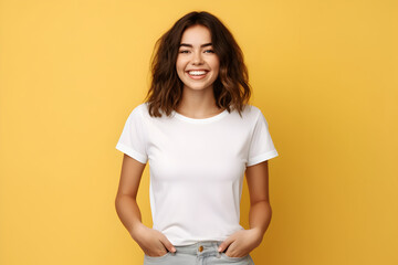 Wall Mural - Young woman wearing bella canvas white shirt mockup, at yellow background. Design tshirt template, print presentation mock-up. AI generated.