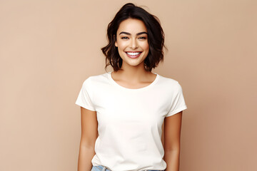 young woman wearing bella canvas white shirt mockup, at beige background. design tshirt template, pr