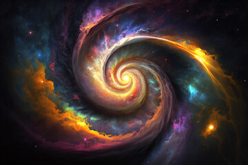 Colorful Swirling rainbow Galaxy art. Spiral abstraction, dream, chaos, creative imagination concept. Detailed painting. Made with Generative AI