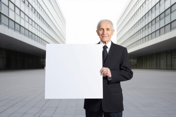 Canvas Print - Portrait of senior businessman holding a blank white board outdoors in city