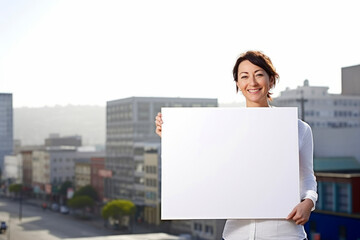 Wall Mural - Portrait of a smiling businesswoman holding a blank placard outdoors