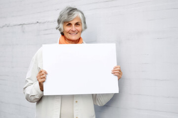 Poster - Portrait of happy senior woman holding a blank sign with copy space