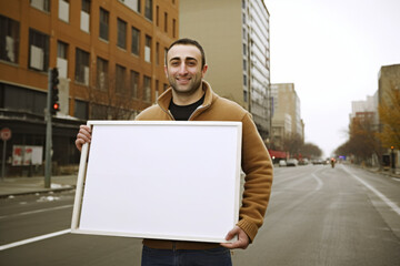 Canvas Print - Man holding a blank board in the city street. Copy space.