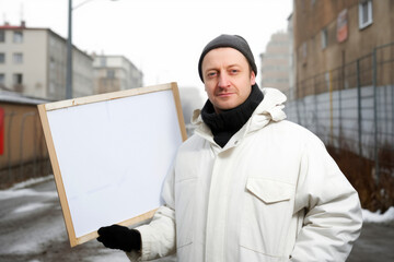 Canvas Print - Portrait of a man in a jacket and hat holding a blank whiteboard on the street