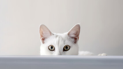 Wall Mural - portrait of a peeking cat head. Funny white cat peeking out. Copy Space. Generative AI