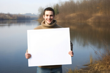 Wall Mural - Young man holding a blank white board on a background of a lake