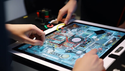 Poster - Engineer holding computer chip, repairing motherboard indoors generated by AI