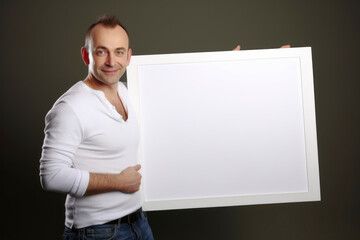 Handsome young man with blank whiteboard on dark grey background